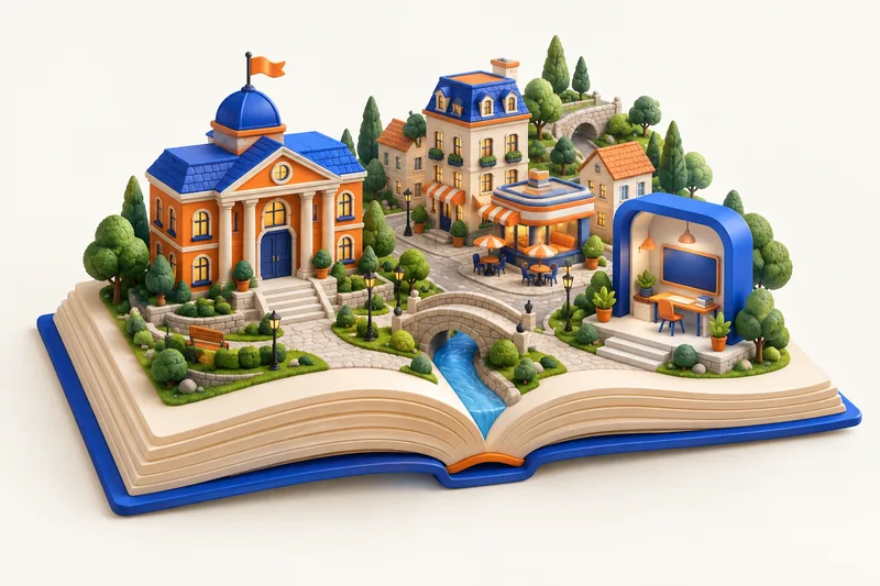 Ilustración conceptual de un pueblo construido sobre un libro.
